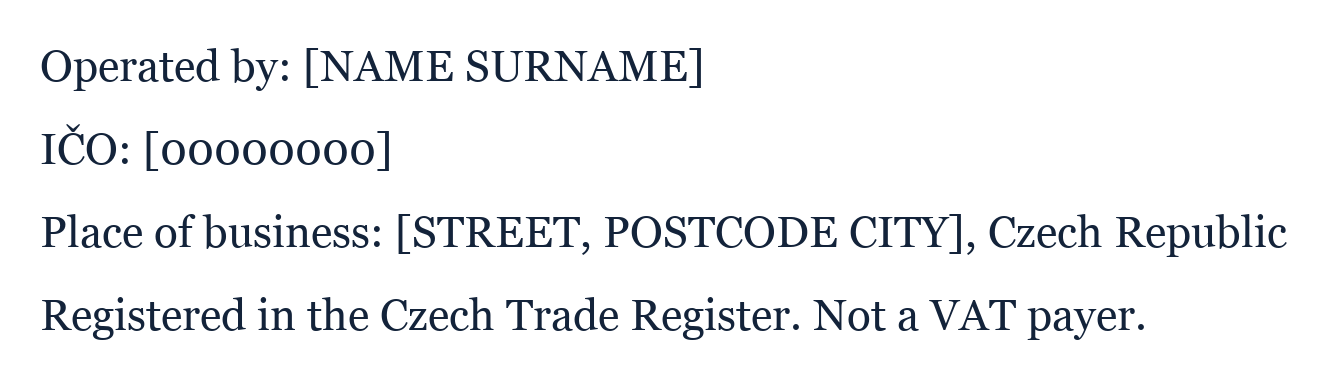 Operator details: name, company registration number and registered place of business